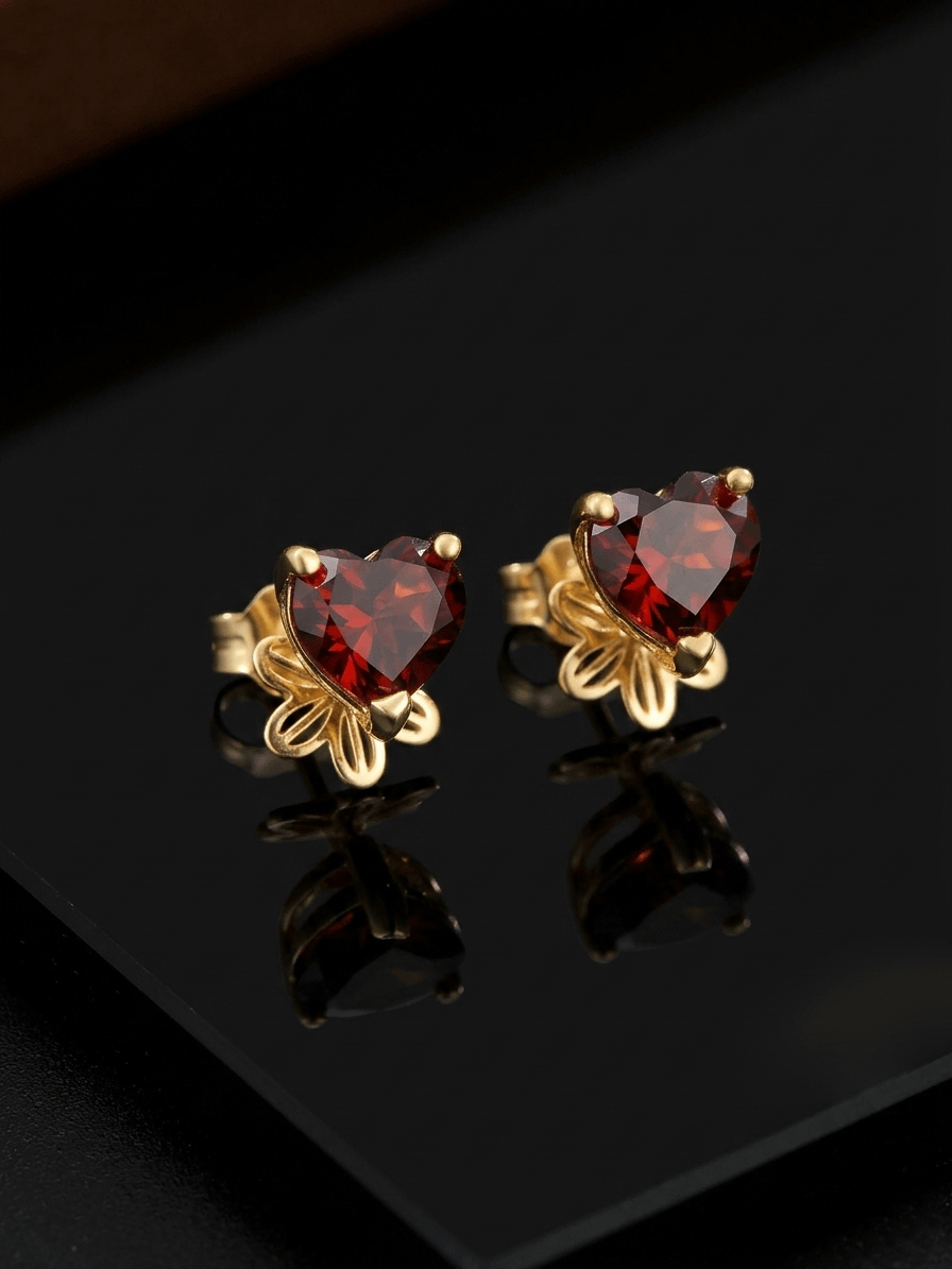 Natural Heart-cut Red Garnet Earrings in 14K Yellow Gold - AME Jewellery