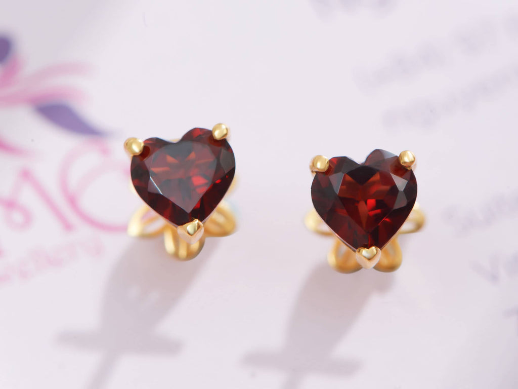 Bông tai Vàng 14K Đá quý tự nhiên Heart-cut Red Garnet Earrings in 14K Yellow Gold by AME Jewellery