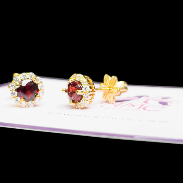 Bông tai Vàng Đá quý tự nhiên Red Garnet Halo Earrings in 14K Yellow Gold | AME Jewellery