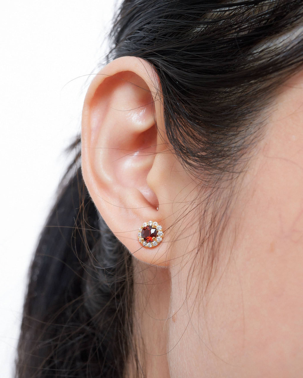 Bông tai Vàng Đá quý tự nhiên Red Garnet Halo Earrings in 14K Yellow Gold by AME Jewellery