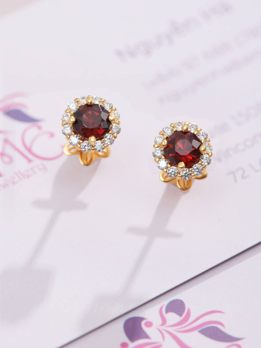 Bông tai Vàng Đá quý tự nhiên Red Garnet Halo Earrings in 14K Yellow Gold by AME Jewellery