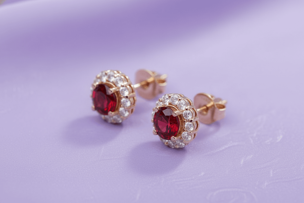 Bông tai Vàng Đá quý tự nhiên Red Garnet Halo Earrings in 14K Yellow Gold by AME Jewellery