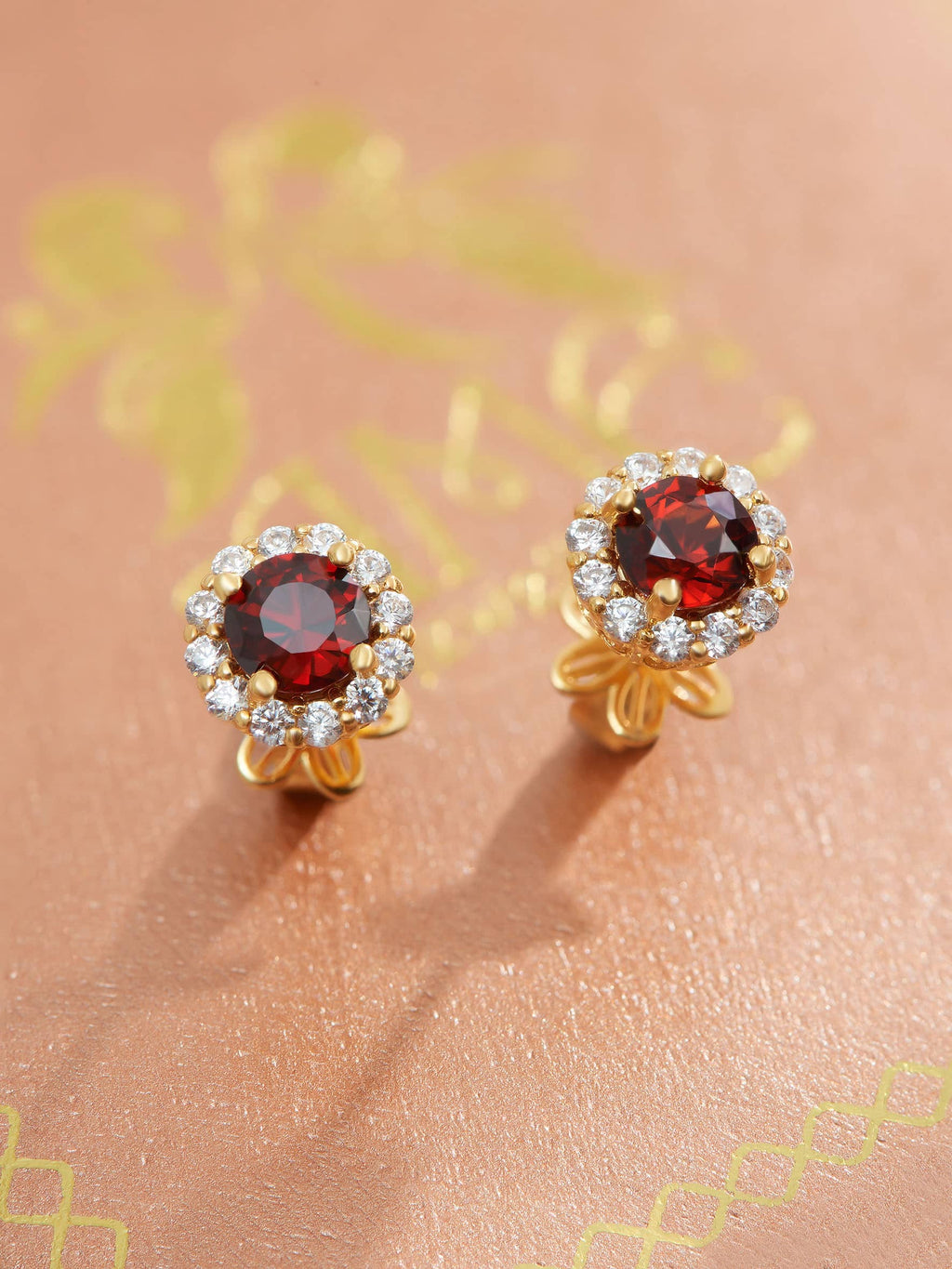 Bông tai Vàng Đá quý tự nhiên Red Garnet Halo Earrings in 14K Yellow Gold by AME Jewellery