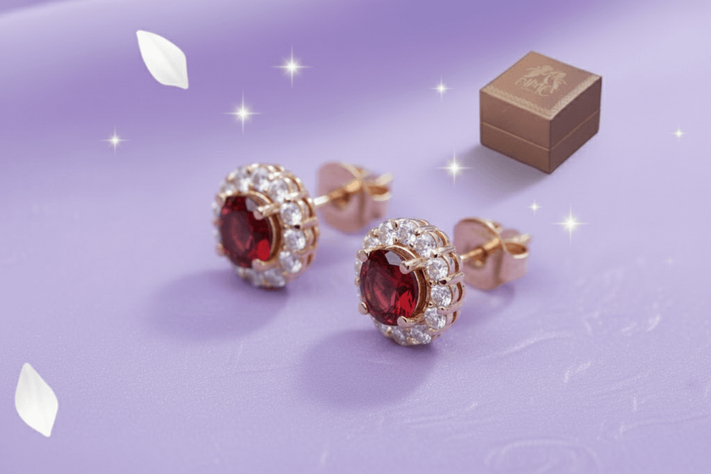 Bông tai Vàng Đá quý tự nhiên Red Garnet Halo Earrings in 14K Yellow Gold by AME Jewellery