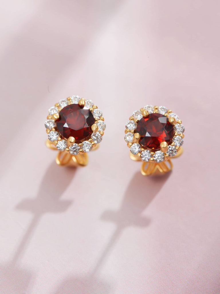 Bông tai Vàng Đá quý tự nhiên Red Garnet Halo Earrings in 14K Yellow Gold by AME Jewellery