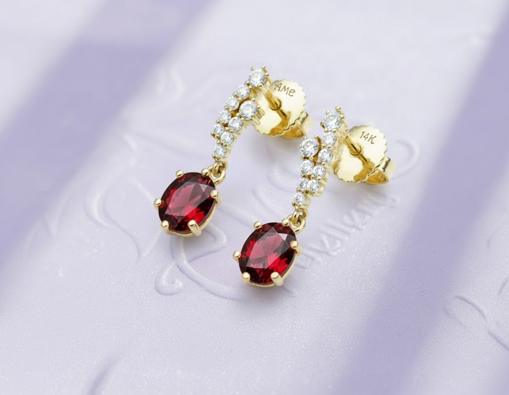 Bông tai Vàng Đá quý tự nhiên Red Garnet Drop Earrings in 14K Yellow Gold by AME Jewellery