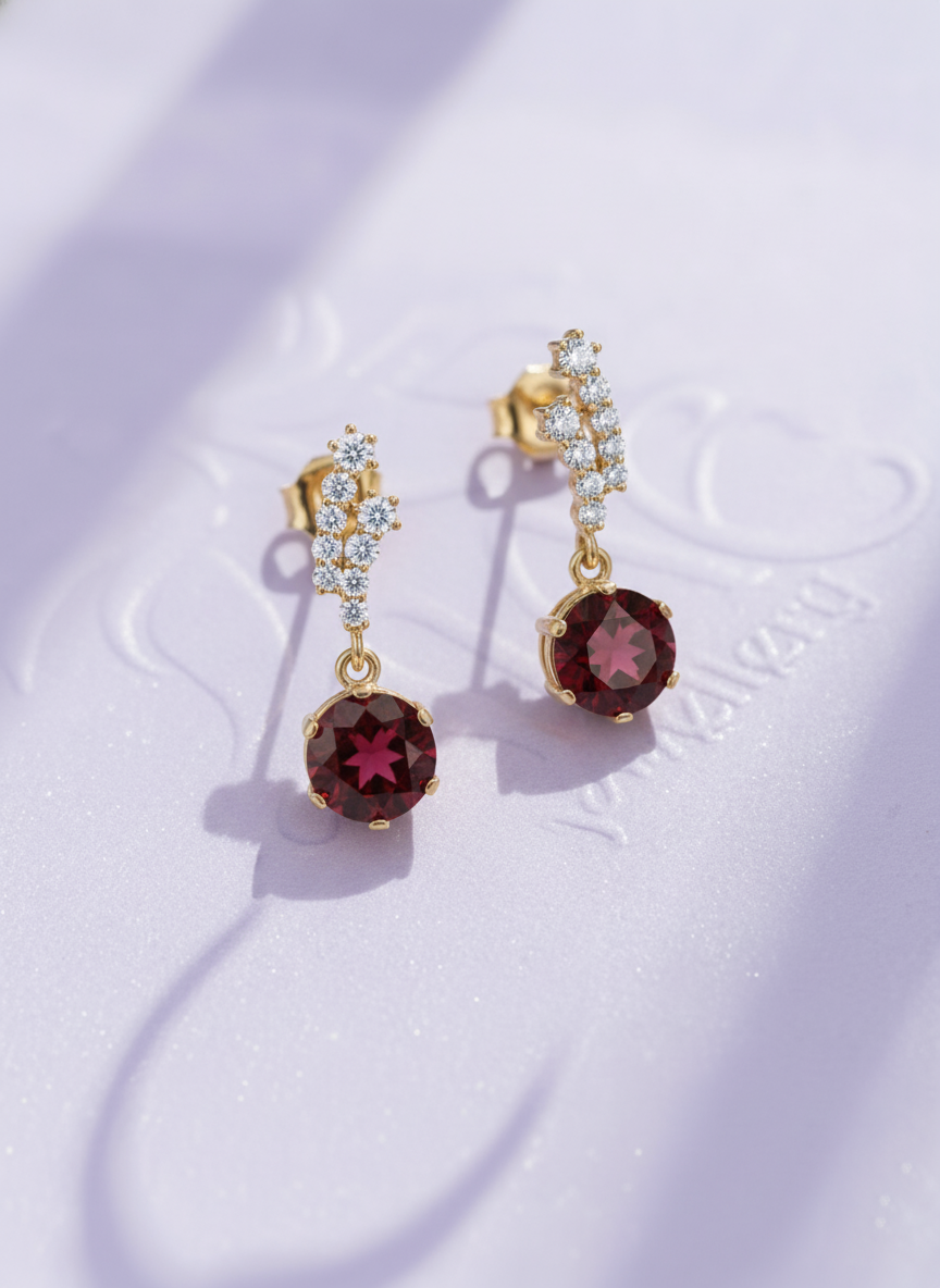 Bông tai Vàng Đá quý tự nhiên Red Garnet Drop Earrings in 14K Yellow Gold by AME Jewellery