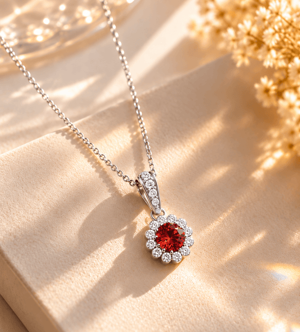 Natural Red Garnet Halo Pendant Necklace in Sterling Silver by AME Jewellery.