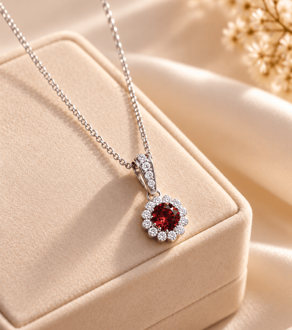 Pendentif halo en grenat rouge de en argent sterling - AME Jewellery