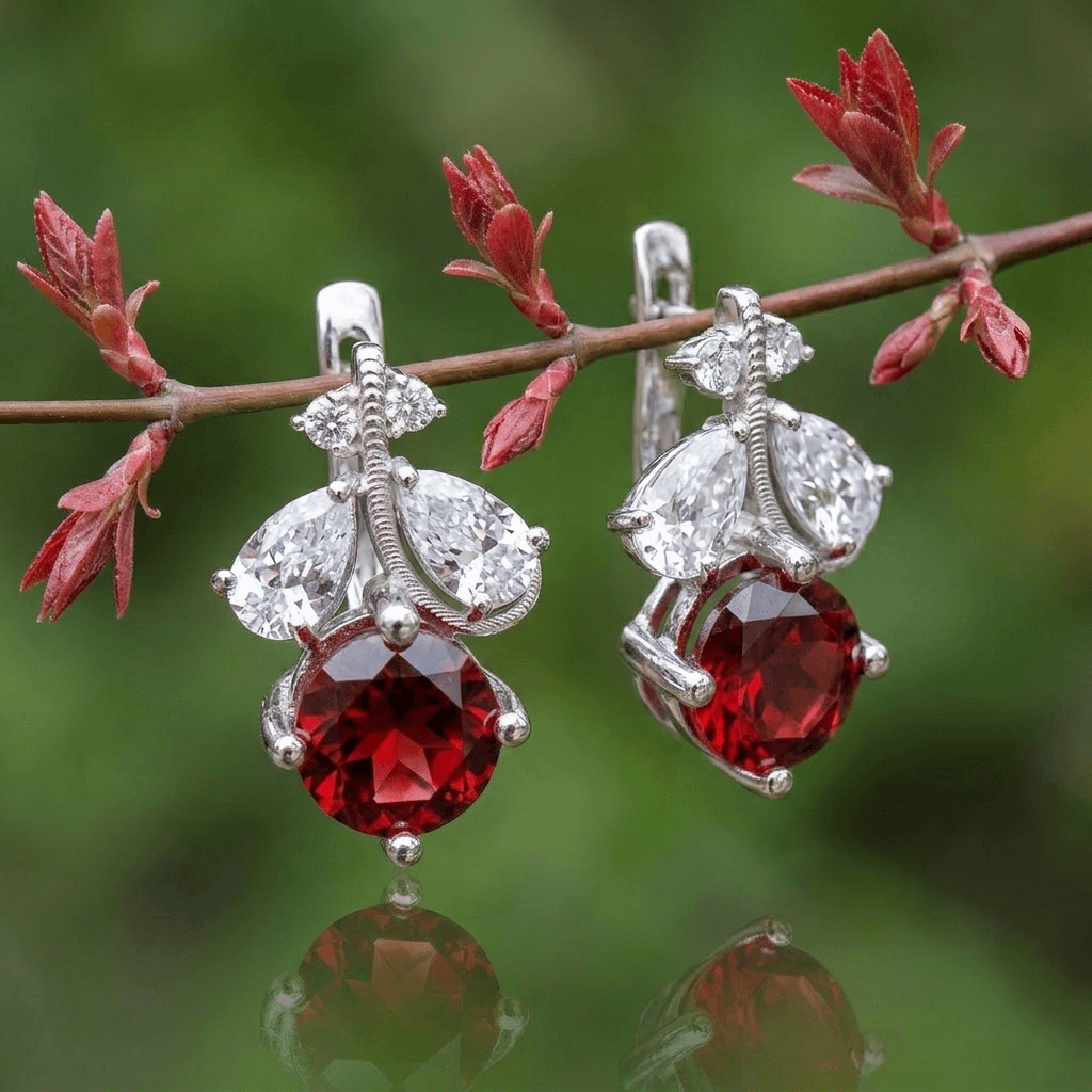 Natural Red Garnet Leaf Earrings in Sterling Silver by AME Jewellery. 