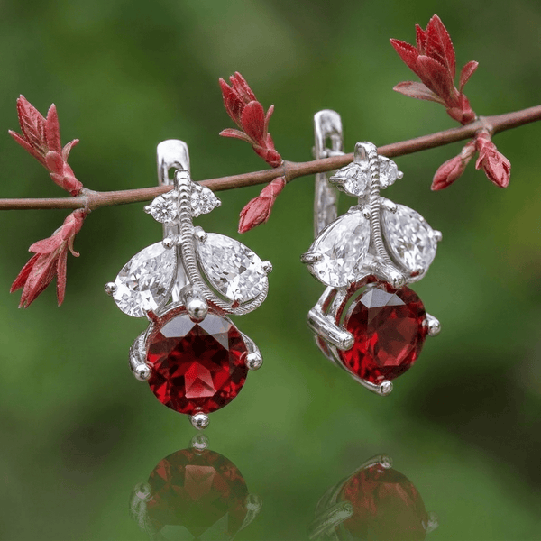 Natural Red Garnet Leaf Earrings in Sterling Silver by AME Jewellery. 