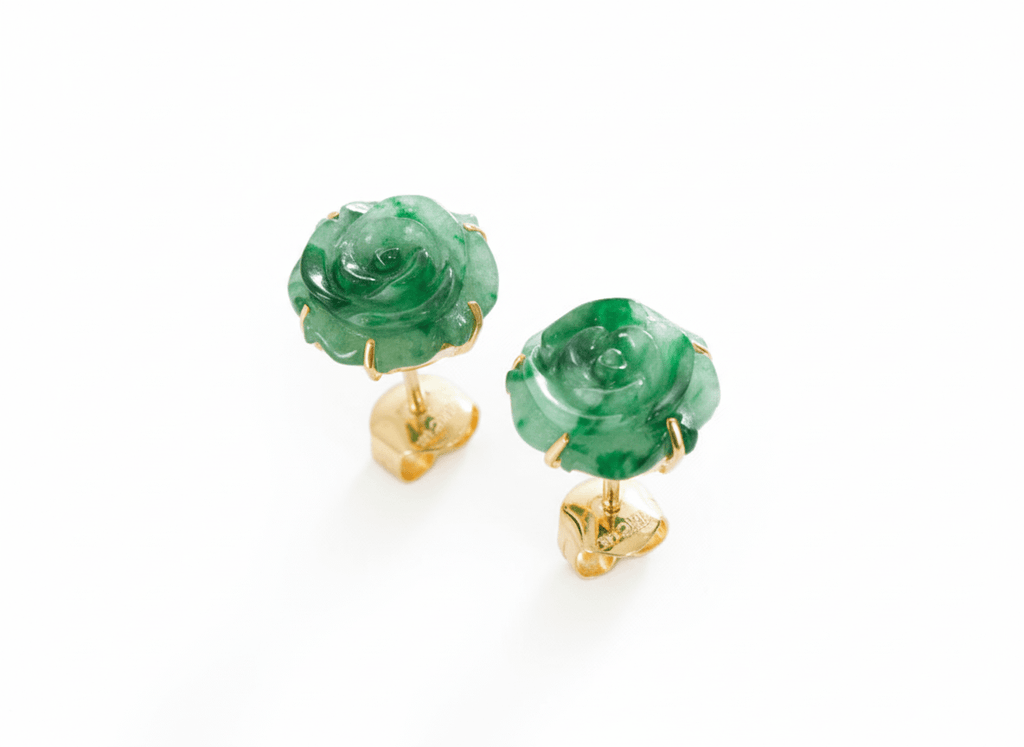 Bông tai Hoa Hồng Vàng 14K Đá Cẩm thạch thiên nhiên | Carved Rose Flower Jadeite Jade Gold Earrings | AME 