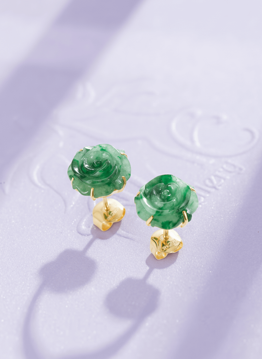 Bông tai Hoa Hồng Vàng 14K Đá Cẩm thạch thiên nhiên | Carved Rose Flower Jadeite Jade Gold Earrings | AME 