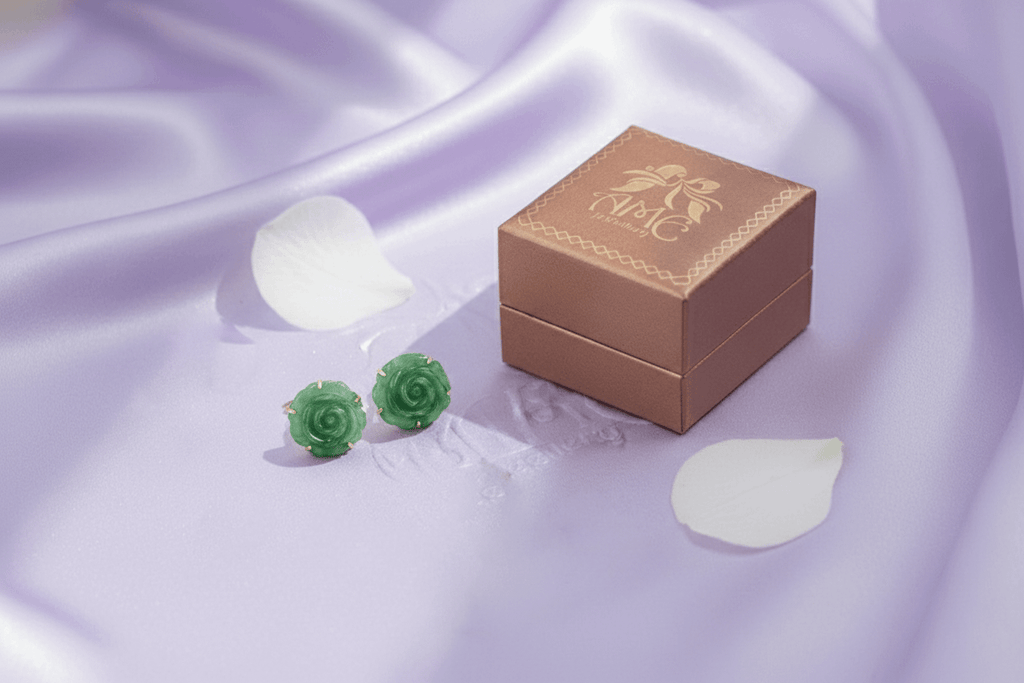 Bông tai Hoa Hồng Vàng 14K Đá Cẩm thạch thiên nhiên | Carved Rose Flower Jadeite Jade Gold Earrings | AME 