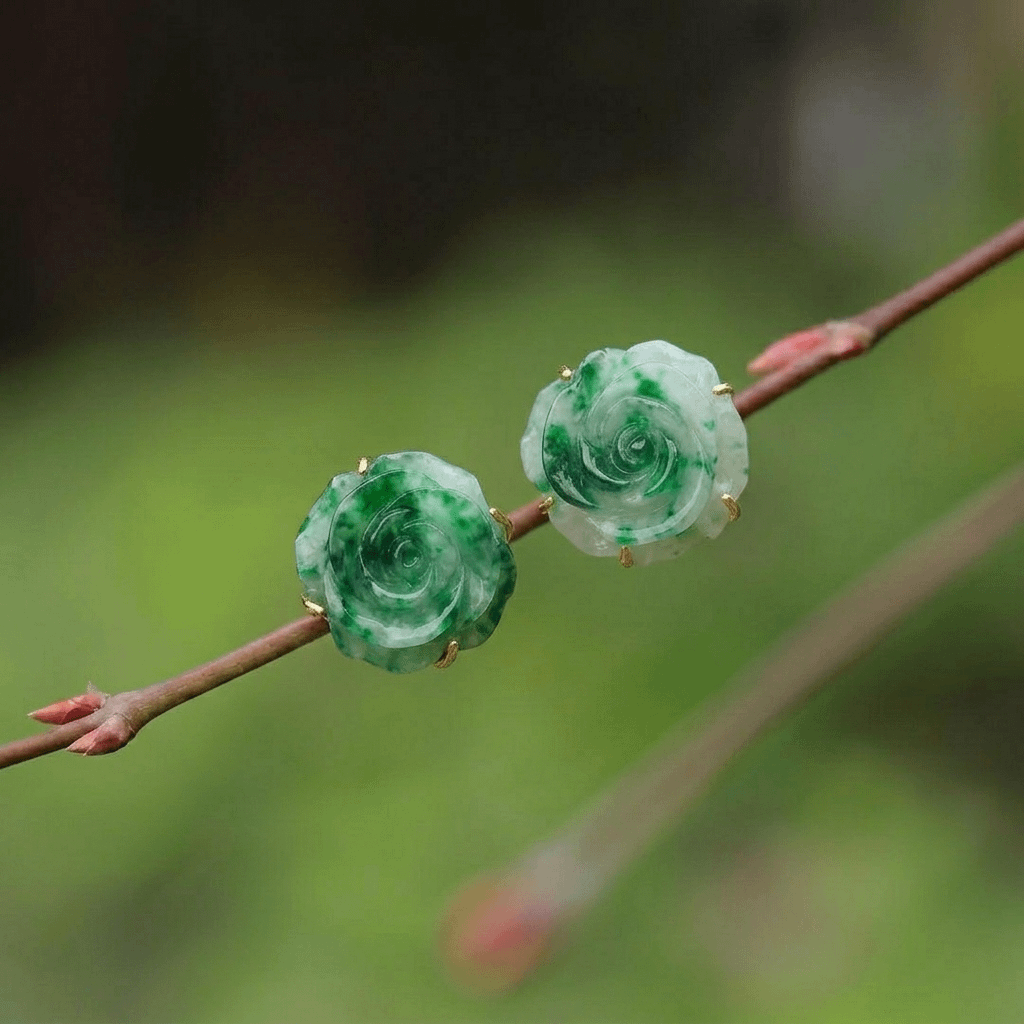 Inspired by the timeless beauty of roses, these elegant Myanmar jade earrings are handcrafted in 14K yellow gold by AME Jewellery.