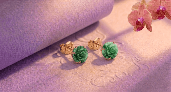 Boucles d'oreilles or jaune 14K jade jadeite du Myanmar fleur de rose - AME Jewellery