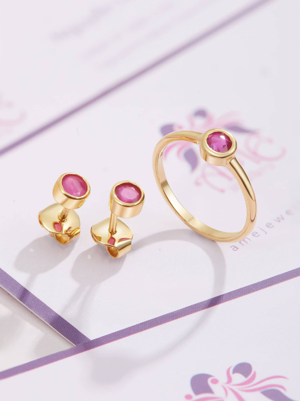 Bộ Trang sức Vàng 14K Đá quý tự nhiên Ruby Two-Piece Bezel Jewelry Set in 14K Yellow Gold by AME Jewellery