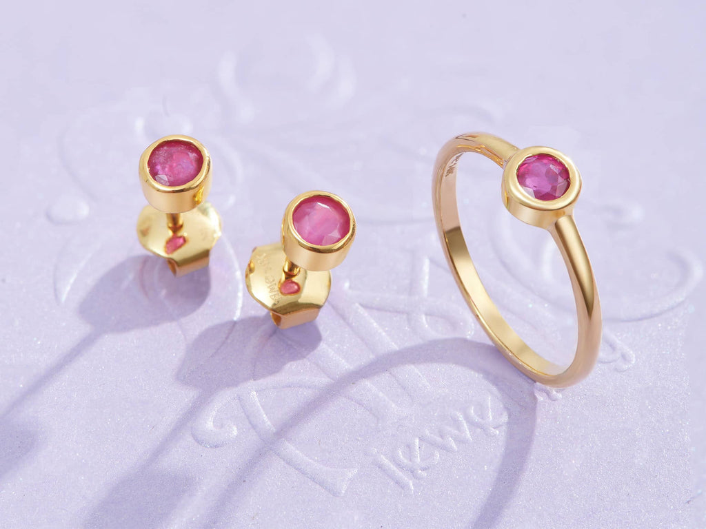 Bộ Trang sức Vàng 14K Đá quý tự nhiên Ruby Two-Piece Bezel Jewelry Set in 14K Yellow Gold by AME Jewellery