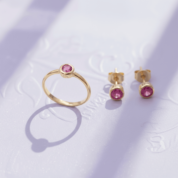 Bộ Trang sức Vàng 14K Đá quý tự nhiên Ruby Two-Piece Bezel Jewelry Set in 14K Yellow Gold by AME Jewellery