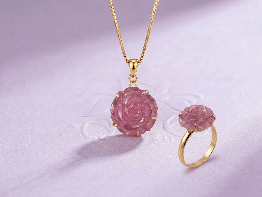 Ruby carved Rose Flower Jewelry two-piece Set in 14K Yellow Gold - AME Jewellery