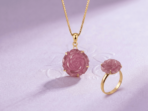 Natural Ruby carved Rose Flower Jewelry Set in 14K Yellow Gold