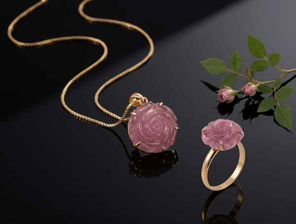 Natural Ruby carved Rose Flower Jewelry Set in 14K Yellow Gold