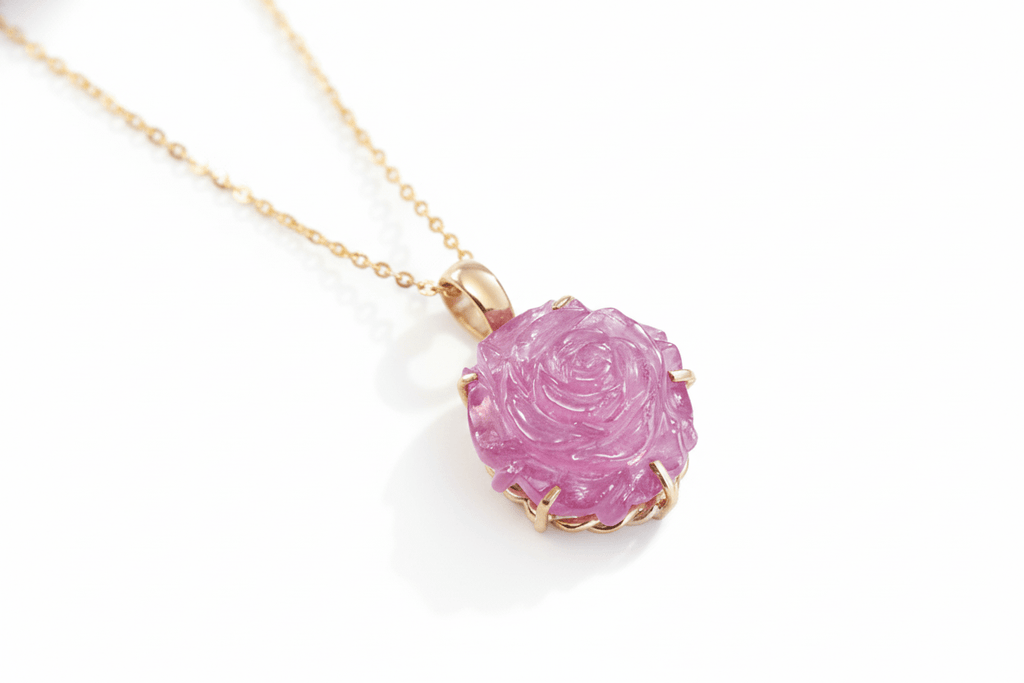 Mặt dây chuyền Vàng Hoa hồng Ruby Carved Rose Flower Pendant Necklace in 14K yellow Gold by AME Jewellery