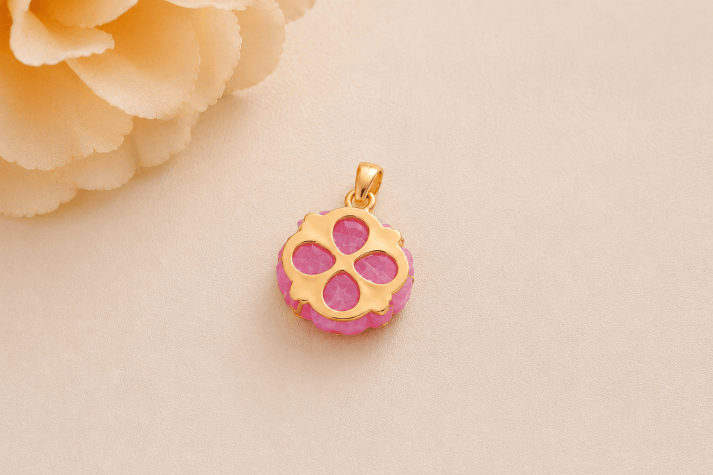 Intricate Back Design-Natural Ruby carved Rose Flower Pendant in 14K Yellow Gold - AME Jewellery
