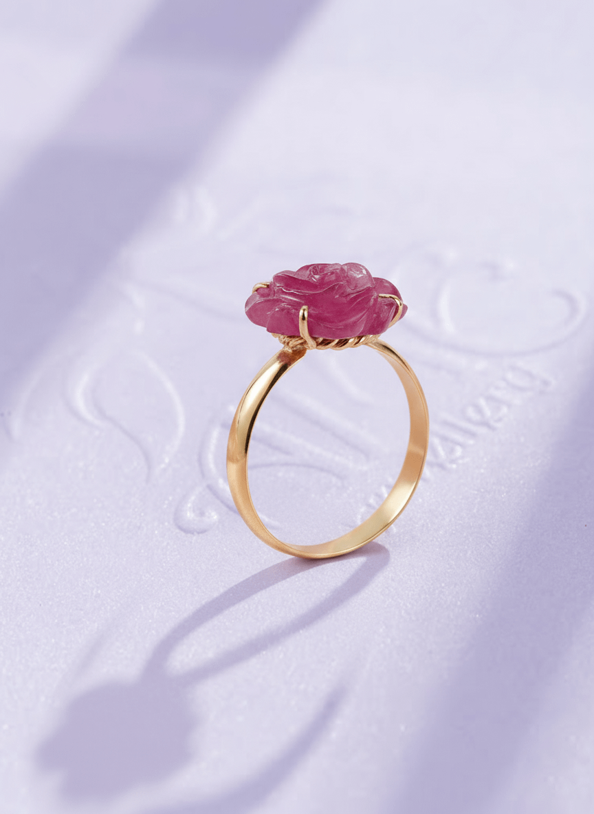 Nhẫn Vàng hoa hồng Ruby Carved Rose Flower Ring in 14K Yellow Gold by AME Jewellery