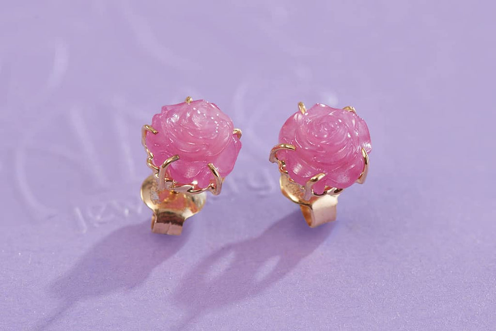 Bông tai Hoa hồng Vàng Đá quý tự nhiên Ruby Carved Rose Flower Earrings 14K Yellow Gold by AME Jewellery