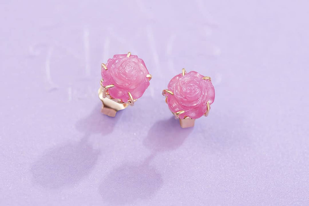 Bông tai Hoa hồng Vàng Đá quý tự nhiên Ruby Carved Rose Flower Earrings 14K Yellow Gold by AME Jewellery