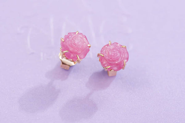Bông tai Hoa hồng Vàng Đá quý tự nhiên Ruby Carved Rose Flower Earrings 14K Yellow Gold by AME Jewellery