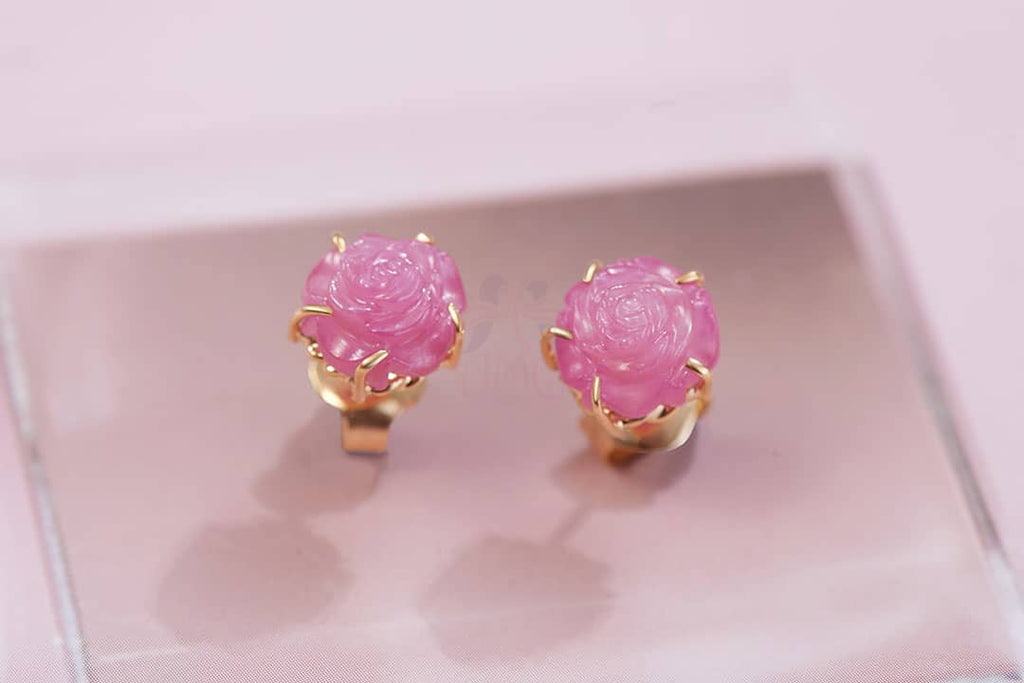 Bông tai Hoa hồng Vàng Đá quý tự nhiên Ruby Carved Rose Flower Earrings 14K Yellow Gold by AME Jewellery