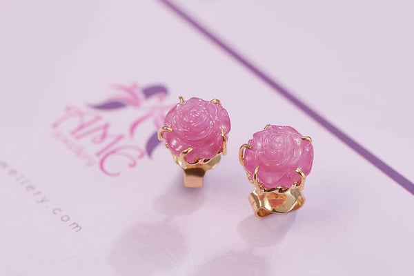 Bông tai Hoa hồng Vàng Đá quý tự nhiên Ruby Carved Rose Flower Earrings 14K Yellow Gold by AME Jewellery