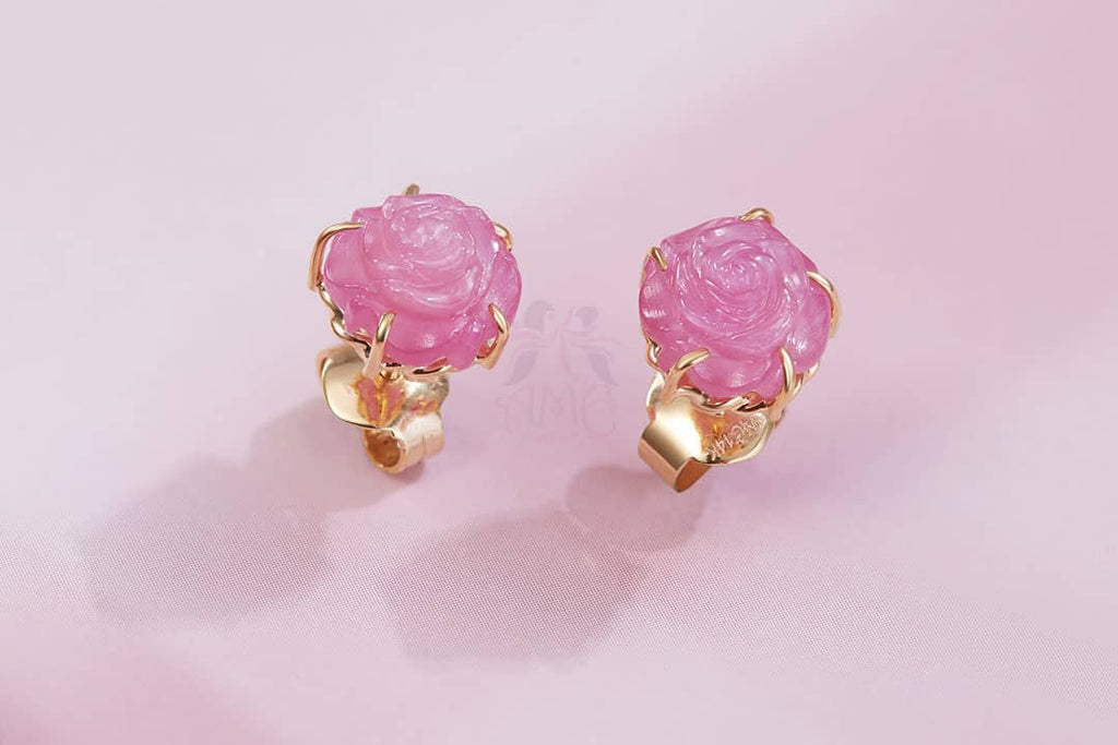 Bông tai Hoa hồng Vàng Đá quý tự nhiên Ruby Carved Rose Flower Earrings 14K Yellow Gold by AME Jewellery