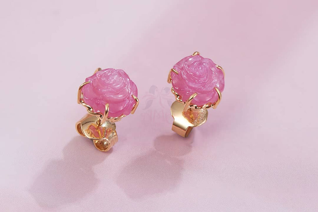 Bông tai Hoa hồng Vàng Đá quý tự nhiên Ruby Carved Rose Flower Earrings 14K Yellow Gold by AME Jewellery