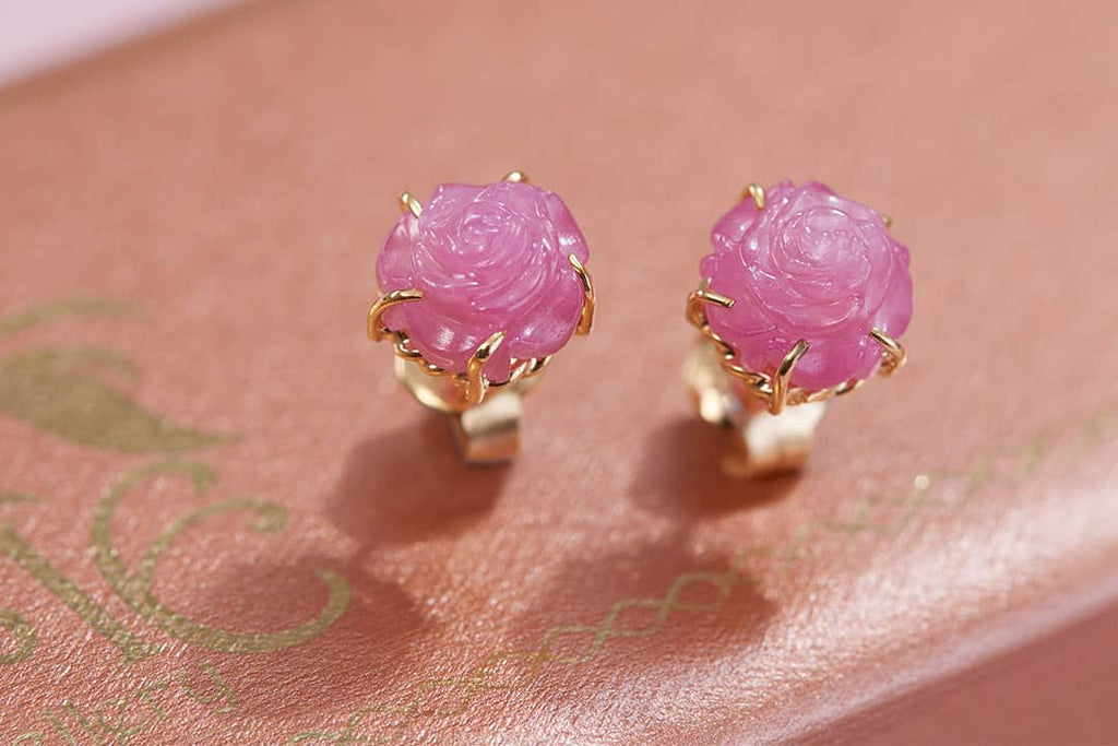 Bông tai Hoa hồng Vàng Đá quý tự nhiên Ruby Carved Rose Flower Earrings 14K Yellow Gold by AME Jewellery