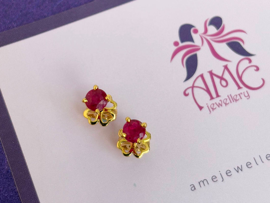 Bông tai Vàng Đá quý thiên nhiên Ruby 4-prong Earrings in 14K Yellow Gold by AME Jewellery