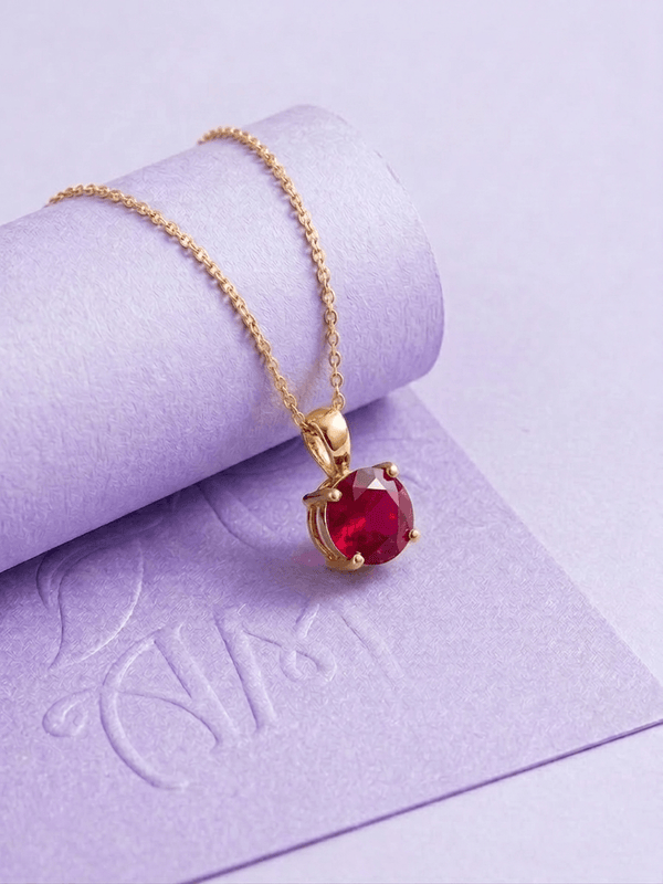 Natural Red Ruby Pendant Necklace in 14K Yellow Gold by AME Jewellery.