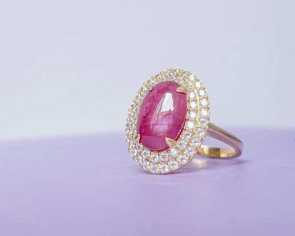 Nhẫn nữ Vàng Đá quý tự nhiên Oval Cabochon Ruby  Double Halo Ring in 14K Yellow Gold by AME Jewellery