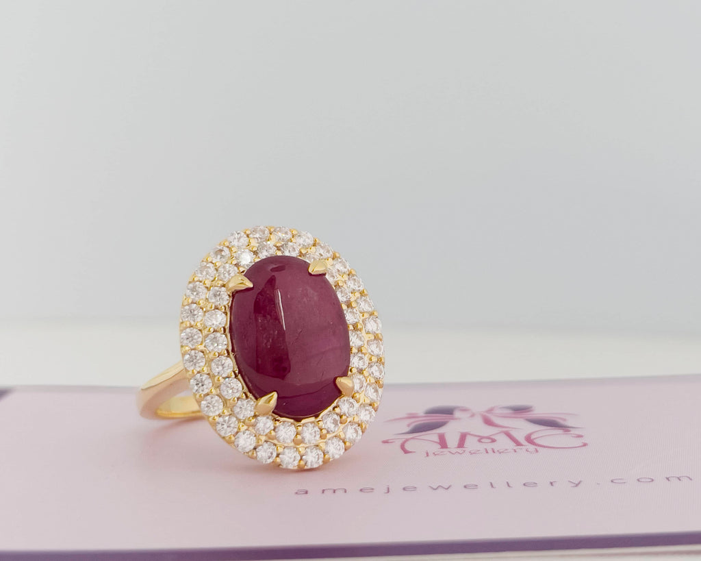 Nhẫn nữ Vàng Đá quý tự nhiên Oval Cabochon Ruby  Double Halo Ring in 14K Yellow Gold by AME Jewellery