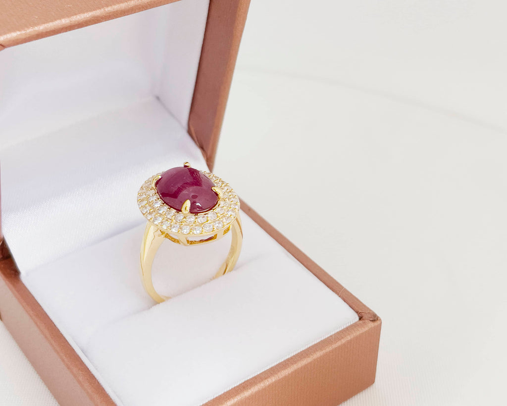 Nhẫn nữ Vàng Đá quý tự nhiên Oval Cabochon Ruby  Double Halo Ring in 14K Yellow Gold by AME Jewellery