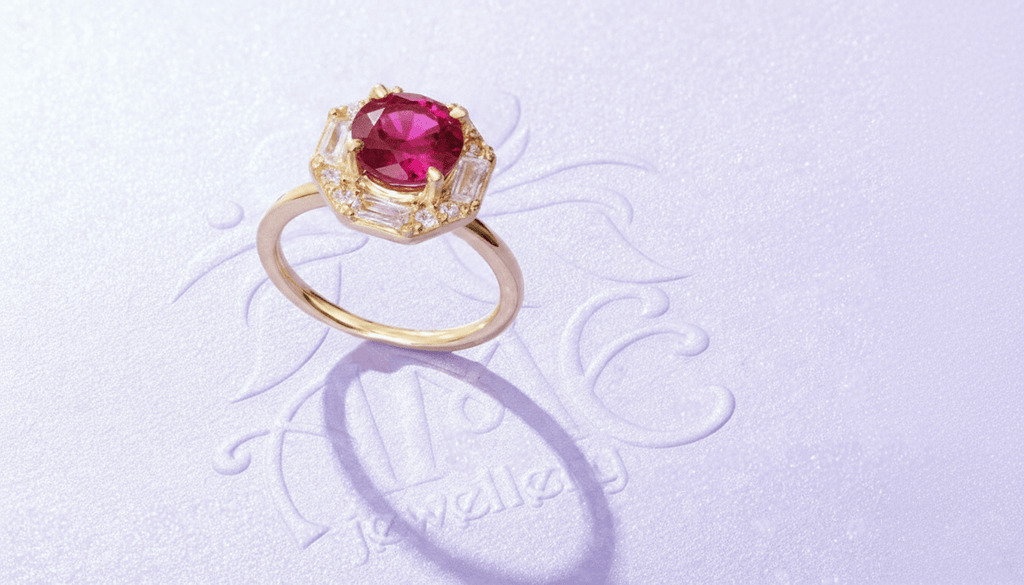 Nhẫn nữ Vàng Đá quý tự nhiên Mozambique Ruby Octagon Halo Ring in 14K Yellow Gold by AME Jewellery