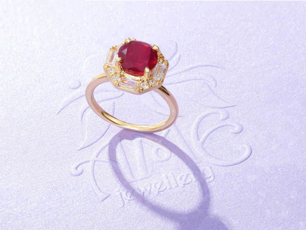 Nhẫn nữ Vàng Đá quý thiên nhiên Mozambique Ruby Octagon Halo Ring in 14K Yellow Gold | AME Jewellery