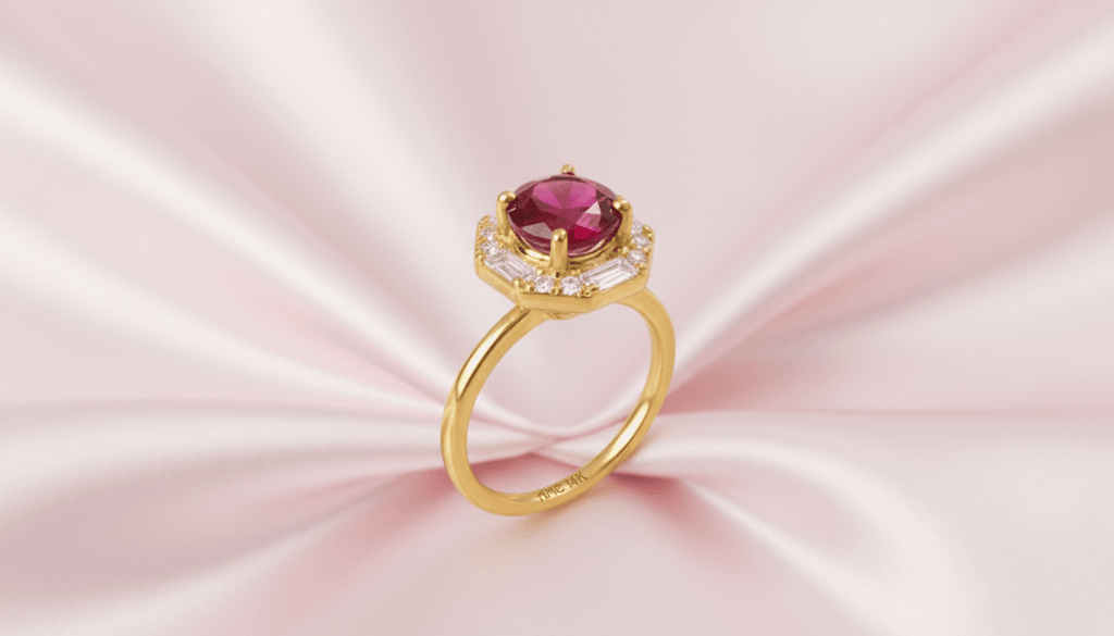 Nhẫn nữ Vàng Đá quý tự nhiên Mozambique Ruby Octagon Halo Ring in 14K Yellow Gold by AME Jewellery
