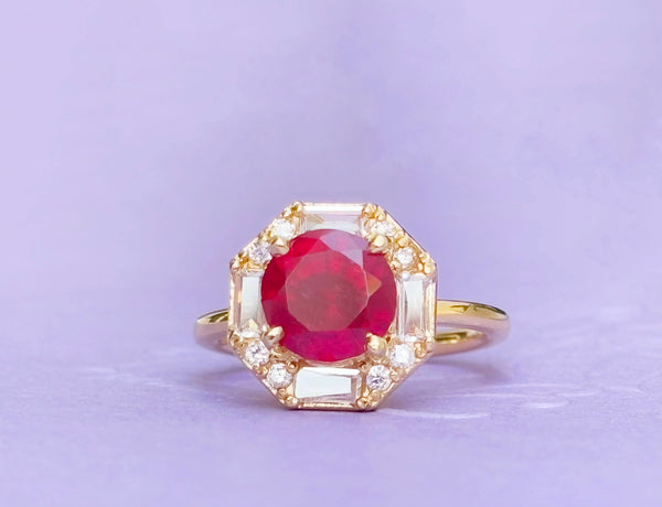 Nhẫn nữ Vàng Đá quý tự nhiên Mozambique Ruby Octagon Halo Ring in 14K Yellow Gold by AME Jewellery