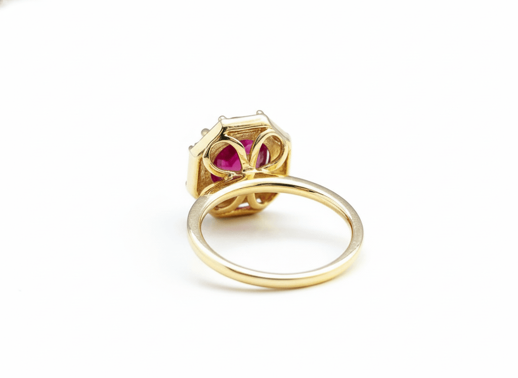 Nhẫn nữ Vàng Đá quý tự nhiên Mozambique Ruby Octagon Halo Ring in 14K Yellow Gold by AME Jewellery