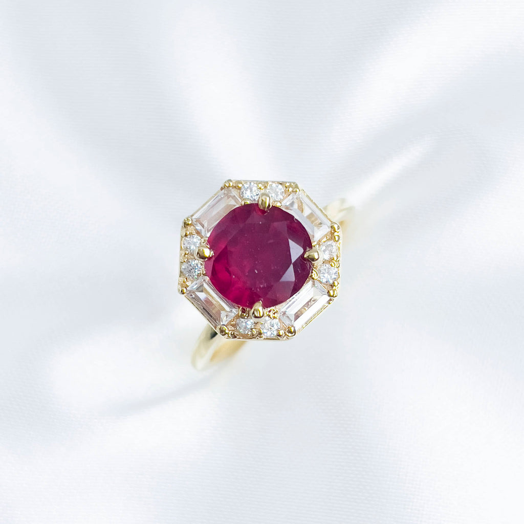 Nhẫn nữ Vàng Đá quý thiên nhiên Mozambique Ruby Octagon Halo Ring in 14K Yellow Gold | AME Jewellery