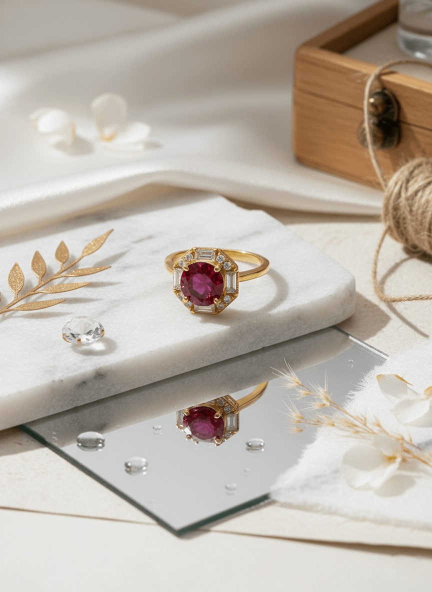 Nhẫn nữ Vàng Đá quý tự nhiên Mozambique Ruby Octagon Halo Ring in 14K Yellow Gold by AME Jewellery