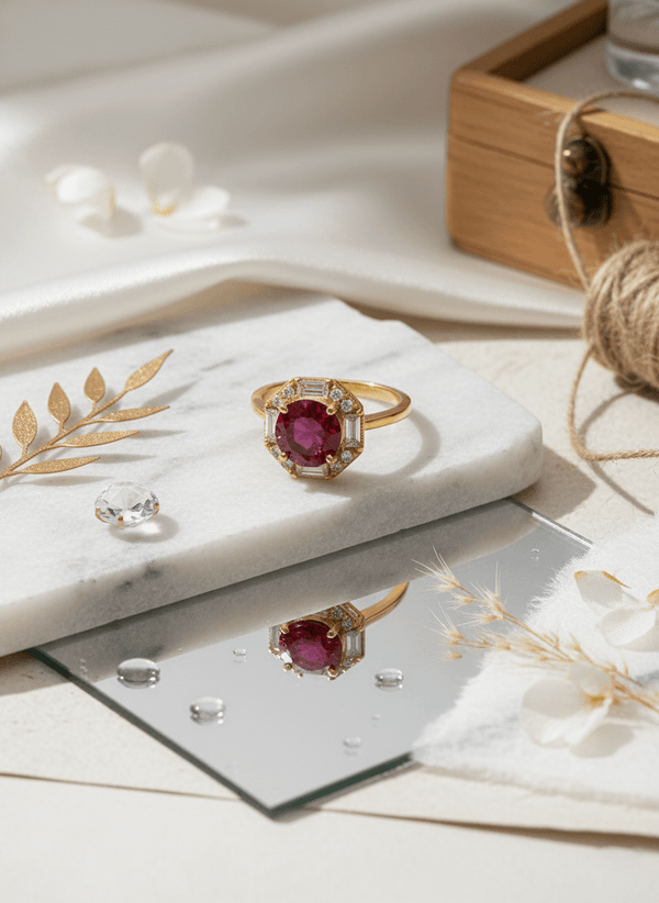 Nhẫn nữ Vàng Đá quý tự nhiên Mozambique Ruby Octagon Halo Ring in 14K Yellow Gold by AME Jewellery